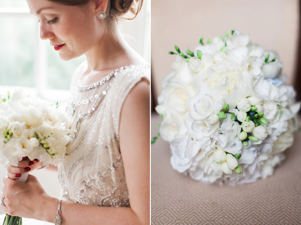 Bride Meg wears Eden by Jenny Packham for her 1920s and Great Gatsby inspired wedding at the Woodlands Hotel in Leeds. Photography by Cat Hepple.