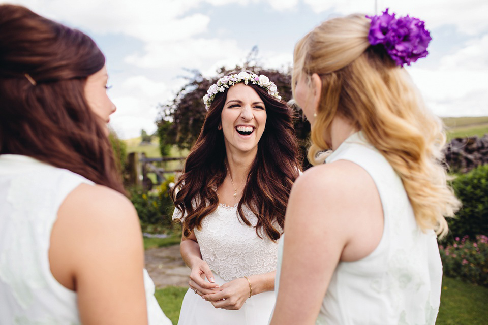 A 1970's Vintage Dress and a Floral Crown for a Book Inspired Farm Wedding. Photography by Lucy Little.