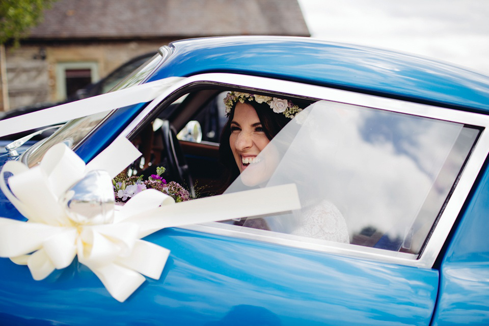 A 1970's Vintage Dress and a Floral Crown for a Book Inspired Farm Wedding. Photography by Lucy Little.