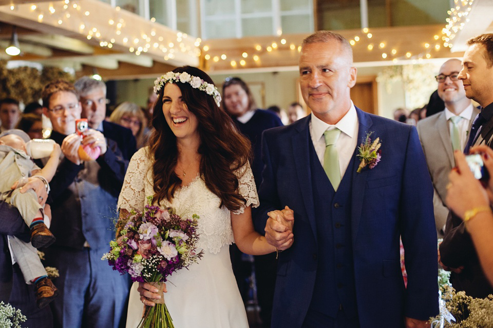 A 1970's Vintage Dress and a Floral Crown for a Book Inspired Farm Wedding. Photography by Lucy Little.