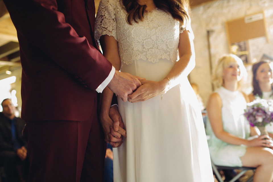 A 1970's Vintage Dress and a Floral Crown for a Book Inspired Farm Wedding. Photography by Lucy Little.