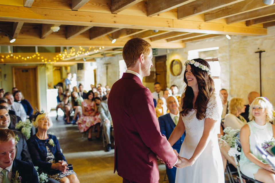 A 1970's Vintage Dress and a Floral Crown for a Book Inspired Farm Wedding. Photography by Lucy Little.