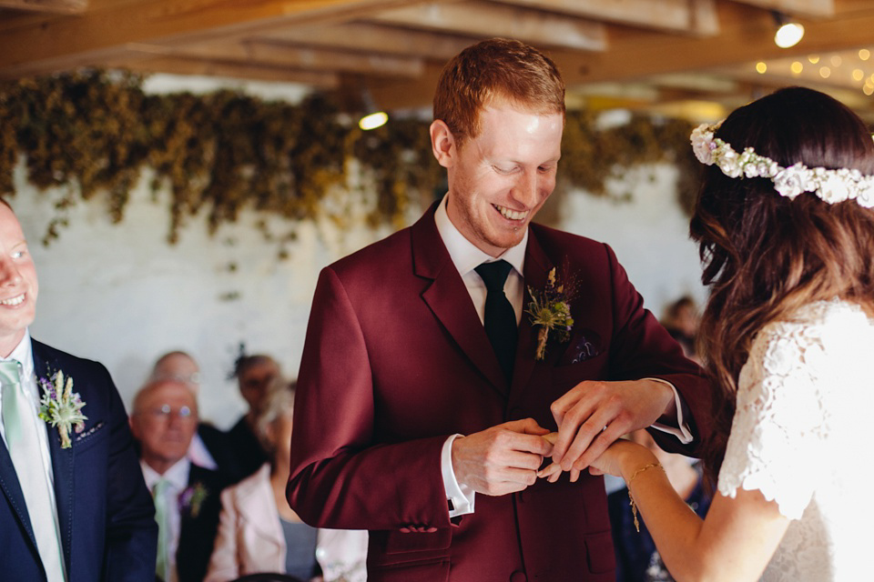 A 1970's Vintage Dress and a Floral Crown for a Book Inspired Farm Wedding. Photography by Lucy Little.