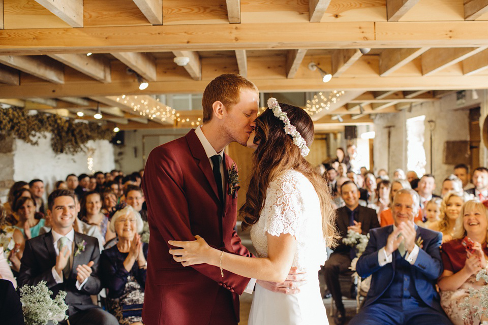 A 1970's Vintage Dress and a Floral Crown for a Book Inspired Farm Wedding. Photography by Lucy Little.