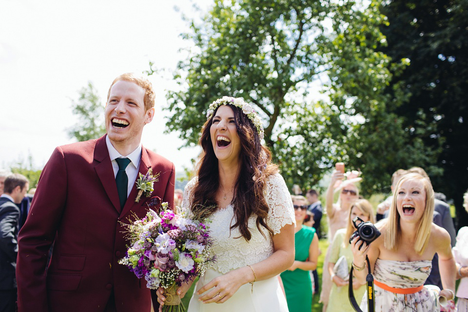 A 1970's Vintage Dress and a Floral Crown for a Book Inspired Farm Wedding. Photography by Lucy Little.