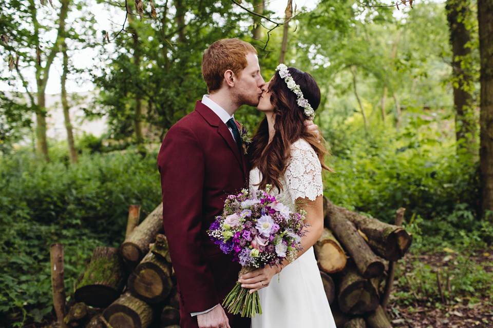 A 1970's Vintage Dress and a Floral Crown for a Book Inspired Farm Wedding. Photography by Lucy Little.