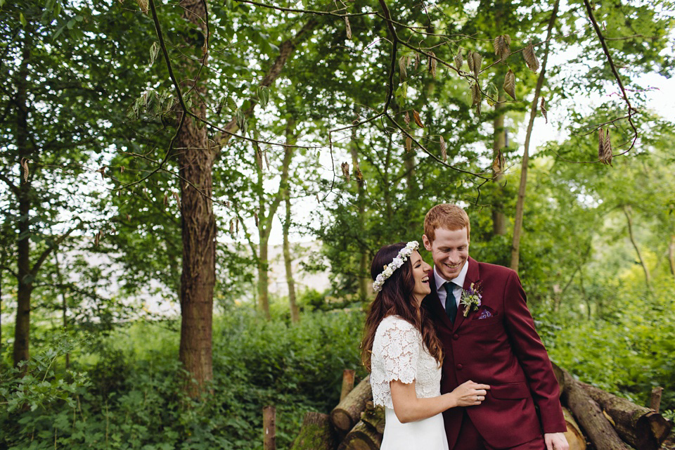 A 1970's Vintage Dress and a Floral Crown for a Book Inspired Farm Wedding. Photography by Lucy Little.