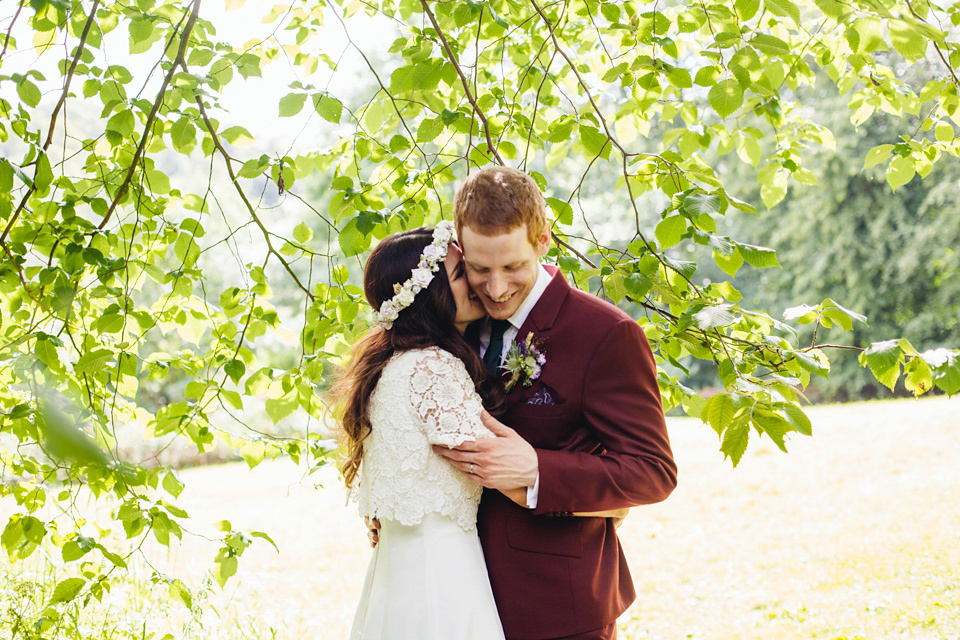 A 1970's Vintage Dress and a Floral Crown for a Book Inspired Farm Wedding. Photography by Lucy Little.