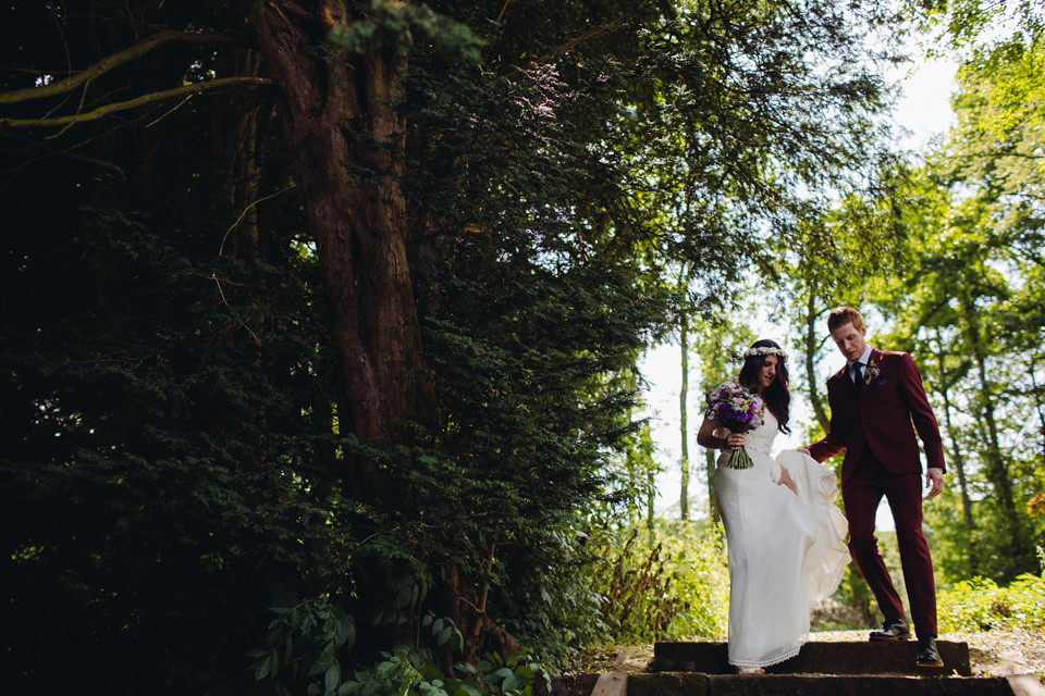 A 1970's Vintage Dress and a Floral Crown for a Book Inspired Farm Wedding. Photography by Lucy Little.