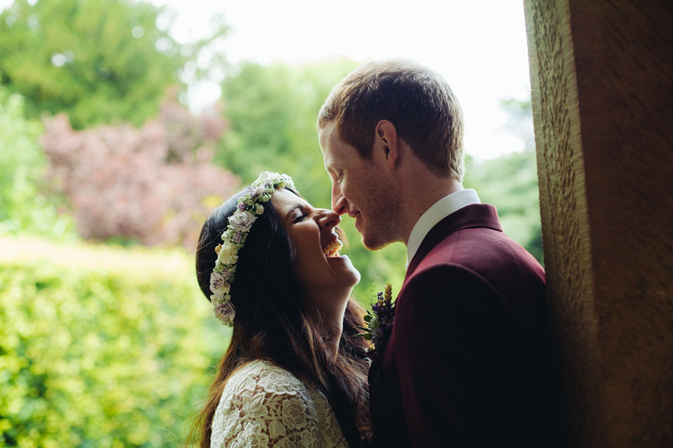 A 1970's Vintage Dress and a Floral Crown for a Book Inspired Farm Wedding. Photography by Lucy Little.