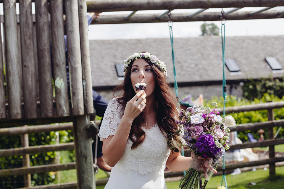 A 1970's Vintage Dress and a Floral Crown for a Book Inspired Farm Wedding. Photography by Lucy Little.