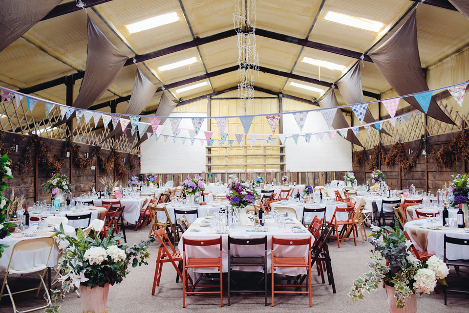 A 1970's Vintage Dress and a Floral Crown for a Book Inspired Farm Wedding. Photography by Lucy Little.