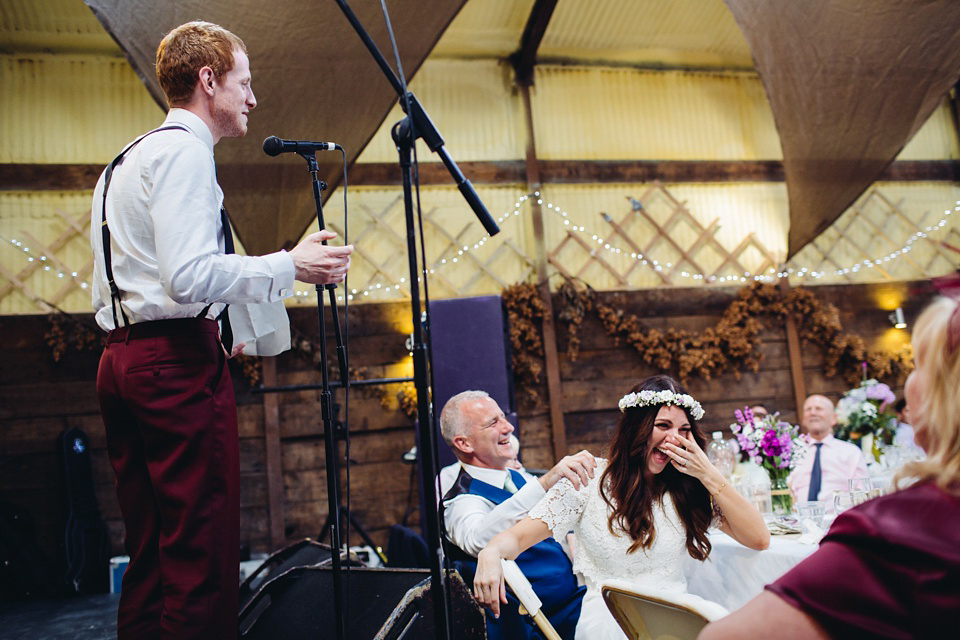 A 1970's Vintage Dress and a Floral Crown for a Book Inspired Farm Wedding. Photography by Lucy Little.