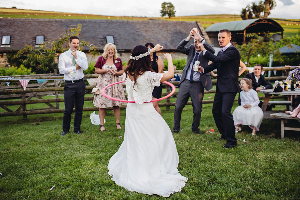 A 1970's Vintage Dress and a Floral Crown for a Book Inspired Farm Wedding. Photography by Lucy Little.