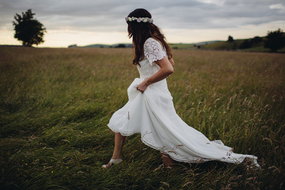 A 1970's Vintage Dress and a Floral Crown for a Book Inspired Farm Wedding. Photography by Lucy Little.