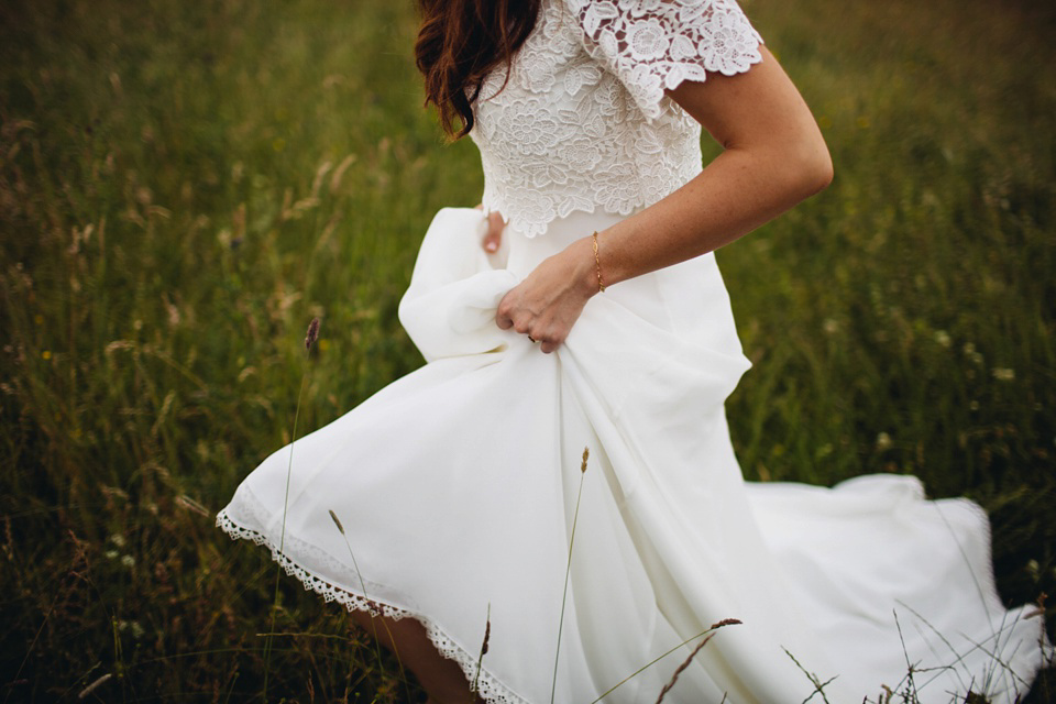 A 1970's Vintage Dress and a Floral Crown for a Book Inspired Farm Wedding. Photography by Lucy Little.