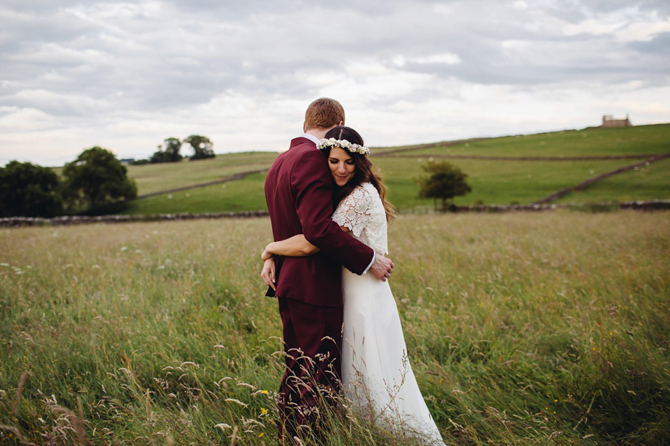 A 1970's Vintage Dress and a Floral Crown for a Book Inspired Farm Wedding. Photography by Lucy Little.