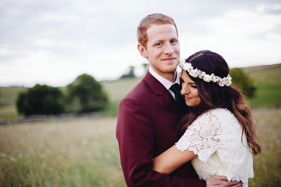 A 1970's Vintage Dress and a Floral Crown for a Book Inspired Farm Wedding. Photography by Lucy Little.