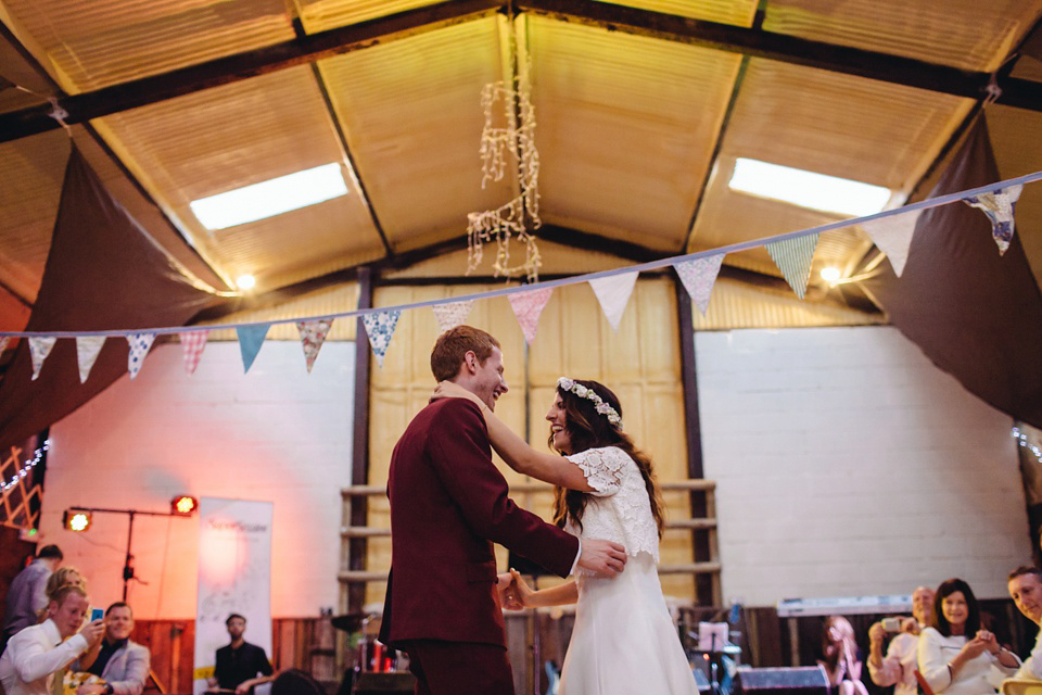 A 1970's Vintage Dress and a Floral Crown for a Book Inspired Farm Wedding. Photography by Lucy Little.