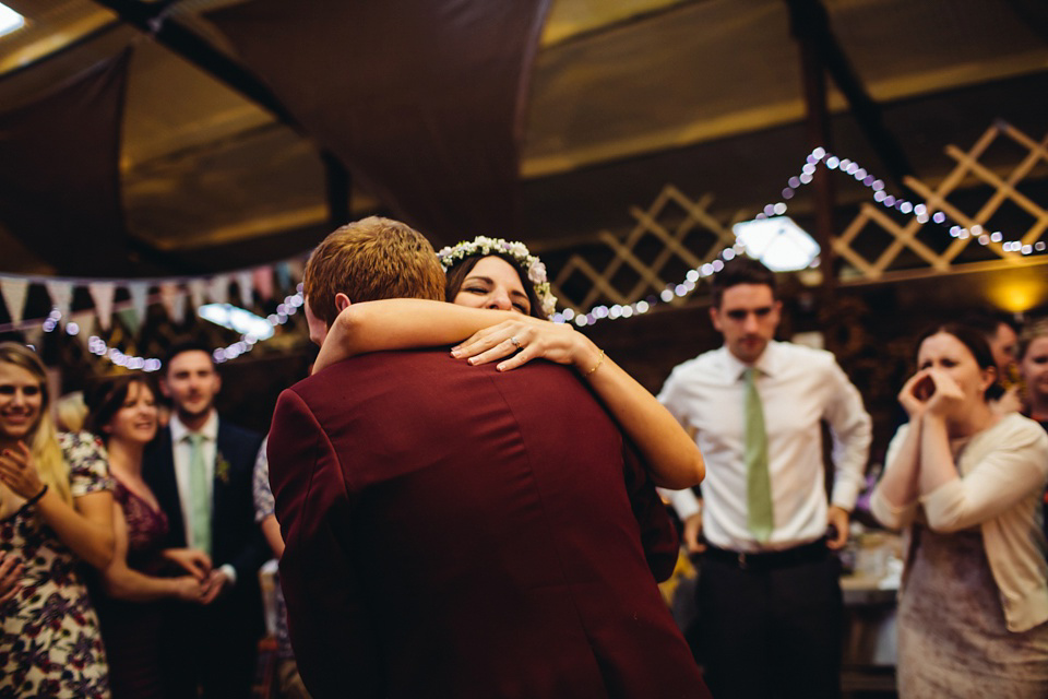 A 1970's Vintage Dress and a Floral Crown for a Book Inspired Farm Wedding. Photography by Lucy Little.