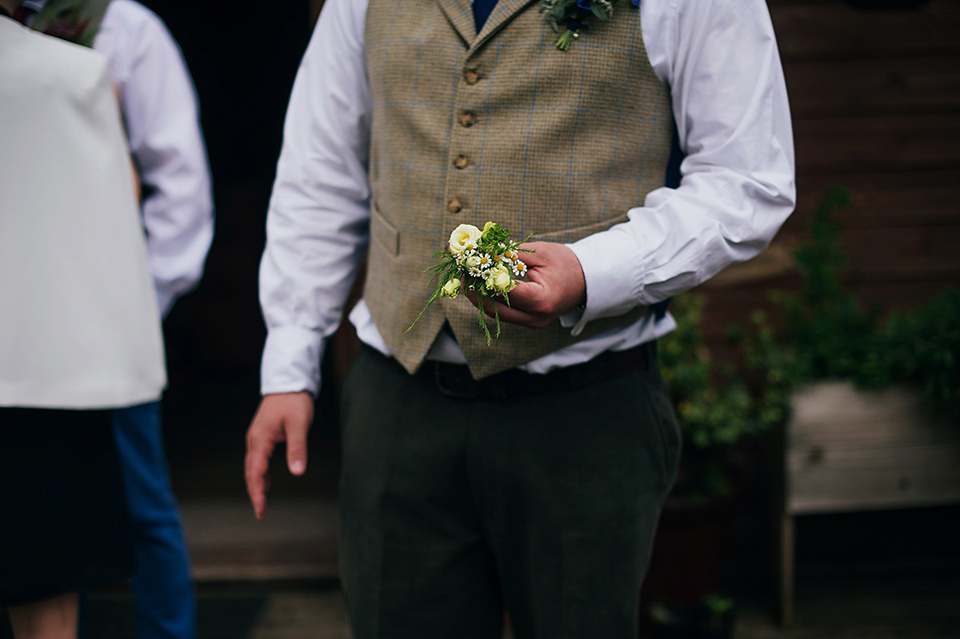 Tartan shoes and a Flowerdog for a Homemade Farm Wedding in Northumberland. Photography by Anna Urban.