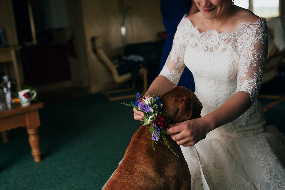 Tartan shoes and a Flowerdog for a Homemade Farm Wedding in Northumberland. Photography by Anna Urban.