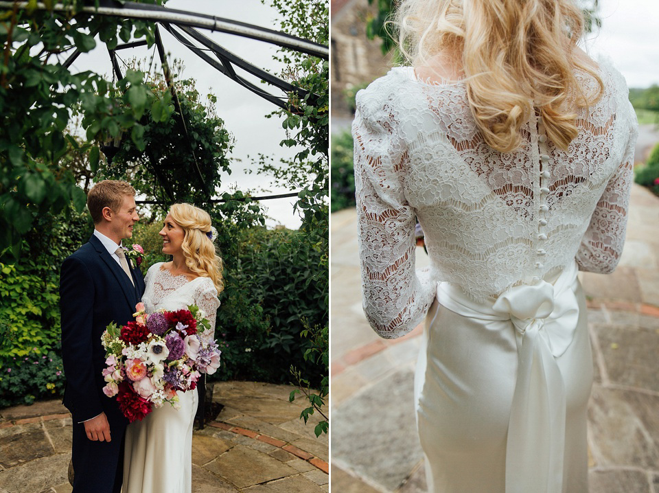 A Charlie Brear gownf for a colourful, flower-filled wedding at Kingscote Barn. Photography by Charlotte Bryer-Ash.