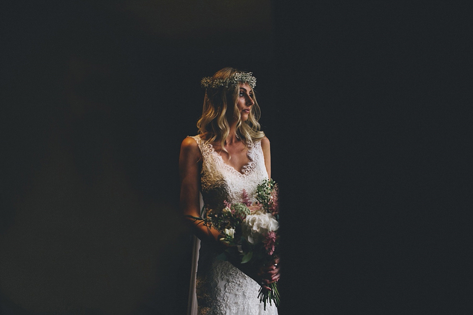 The bride wears Essense of Australia for her rustic wedding at Healey Barn, Northumberland. Photography by The Twins.