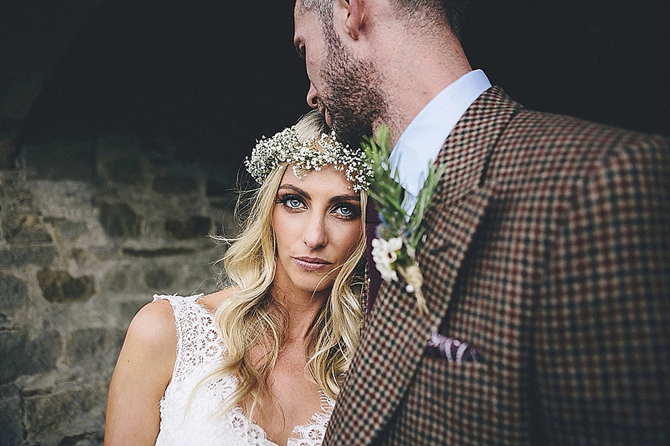 The bride wears Essense of Australia for her rustic wedding at Healey Barn, Northumberland. Photography by The Twins.