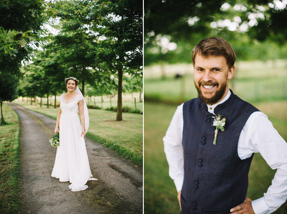 Bride Pip wore a handmade dress for her rustic wedding on her parent's Orchard farm. Photography by S6 Photography.