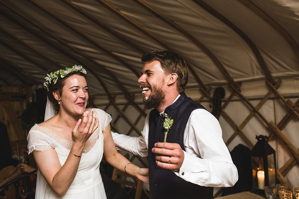 Bride Pip wore a handmade dress for her rustic wedding on her parent's Orchard farm. Photography by S6 Photography.