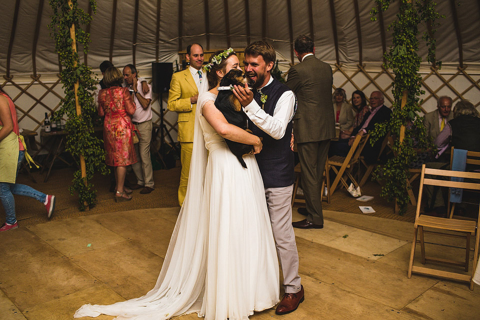 Bride Pip wore a handmade dress for her rustic wedding on her parent's Orchard farm. Photography by S6 Photography.