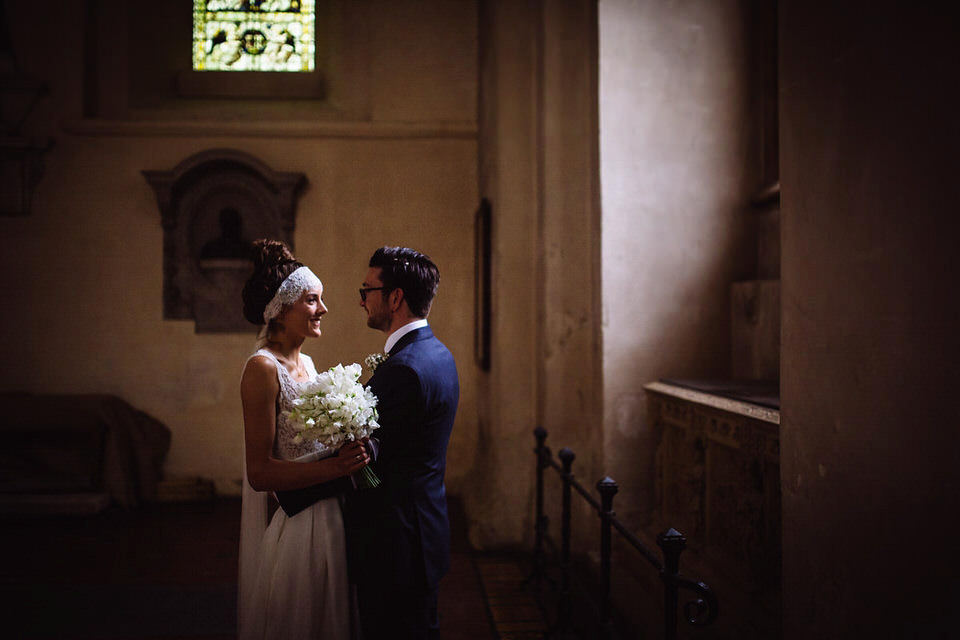 A Rime Arodaky Dress and Lace Headband For A Daisy Inspired Farm Wedding. Bride Daisy found her dress at The Mews of Notting Hill. Photography by Joe Hall.