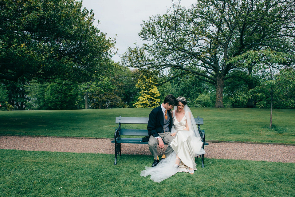 A Pleated Dress for a 1930's Inspired Kitsch and Glamorous City Wedding. Photography by Lisa Devine.