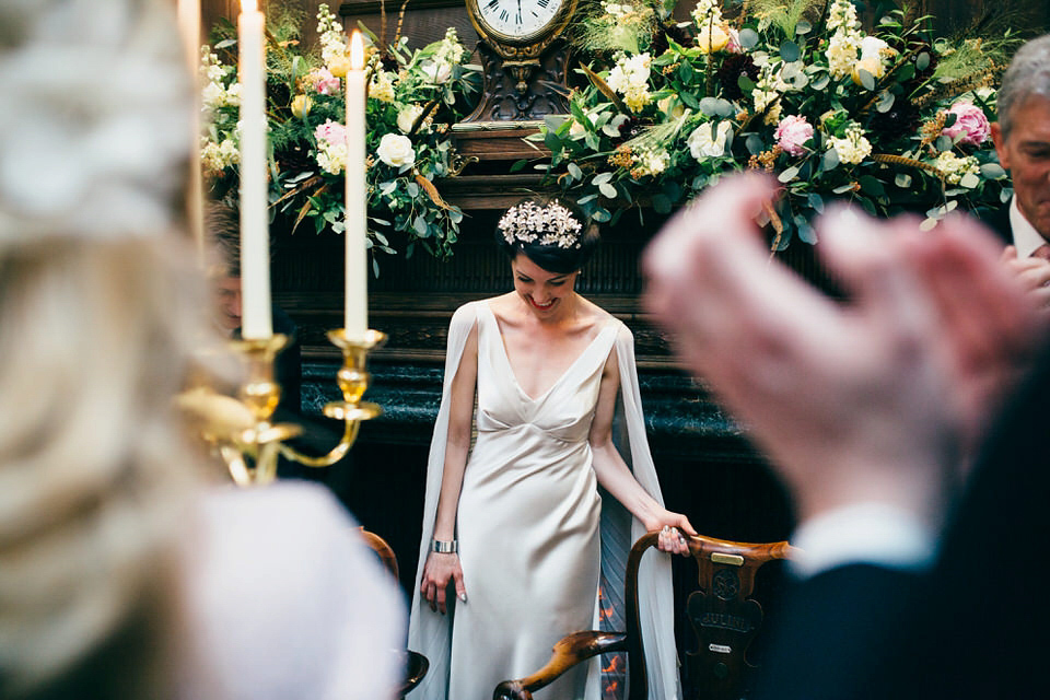 A Pleated Dress for a 1930's Inspired Kitsch and Glamorous City Wedding. Photography by Lisa Devine.