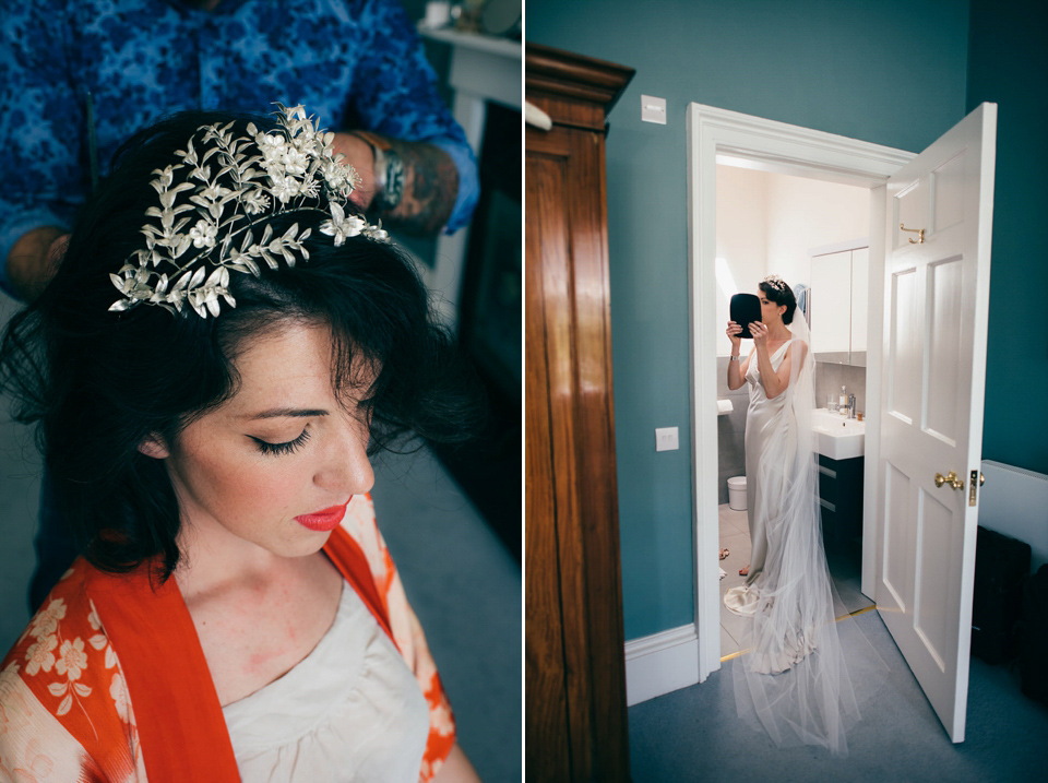 A Pleated Dress for a 1930's Inspired Kitsch and Glamorous City Wedding. Photography by Lisa Devine.