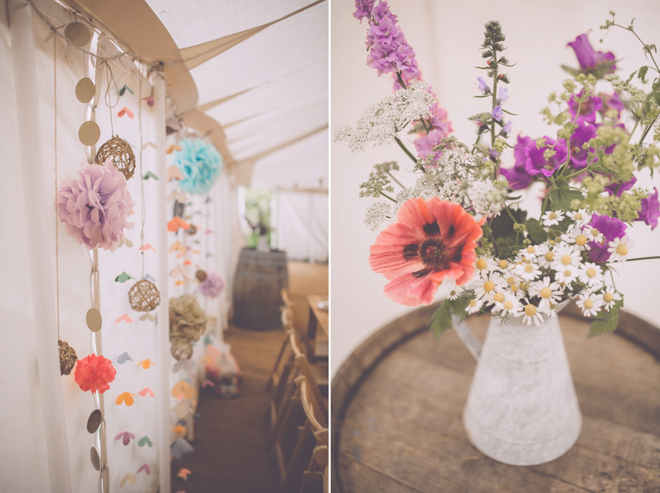 Bride Jo wears a Claire Pettibone gown and vintage tiara for her colourful, homespun and humanist wedding celebration. Photography by Naomi Jane Photography.