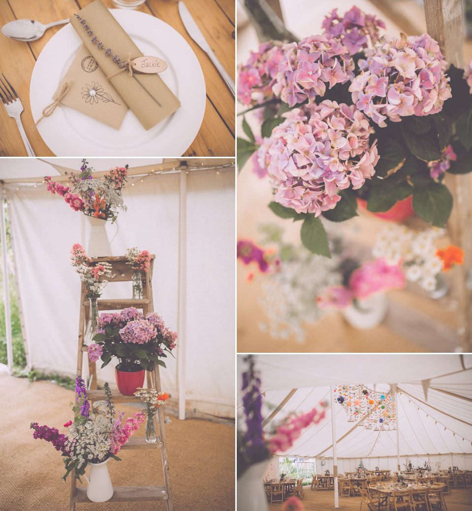 Bride Jo wears a Claire Pettibone gown and vintage tiara for her colourful, homespun and humanist wedding celebration. Photography by Naomi Jane Photography.