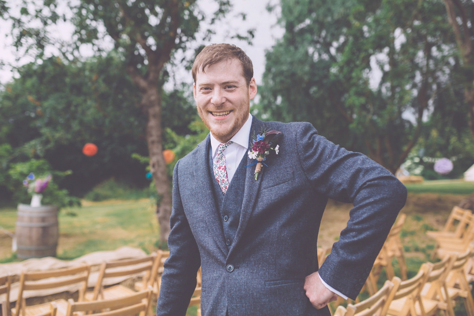 Bride Jo wears a Claire Pettibone gown and vintage tiara for her colourful, homespun and humanist wedding celebration. Photography by Naomi Jane Photography.