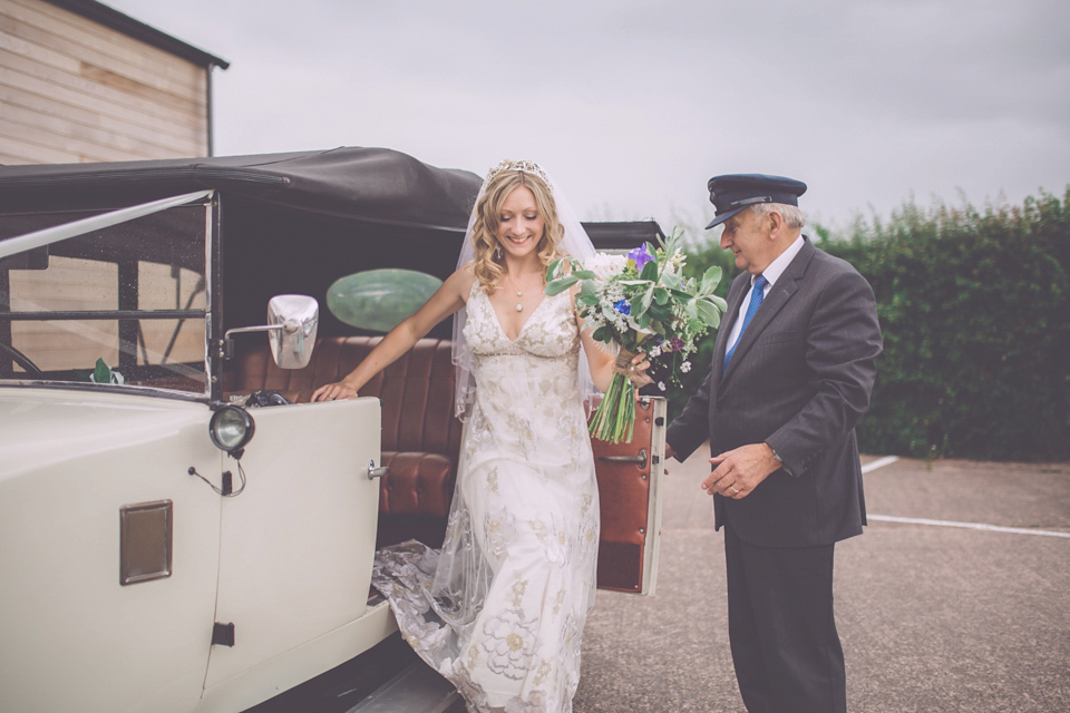 Bride Jo wears a Claire Pettibone gown and vintage tiara for her colourful, homespun and humanist wedding celebration. Photography by Naomi Jane Photography.