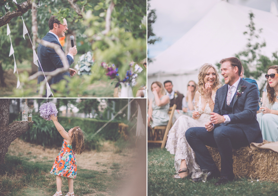 Bride Jo wears a Claire Pettibone gown and vintage tiara for her colourful, homespun and humanist wedding celebration. Photography by Naomi Jane Photography.