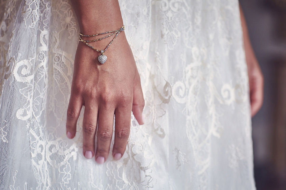 A short, lace, Rembo Styling wedding dress and shades of navy blue for a garden blessing in Tuscany. Photography by Jules Bower.