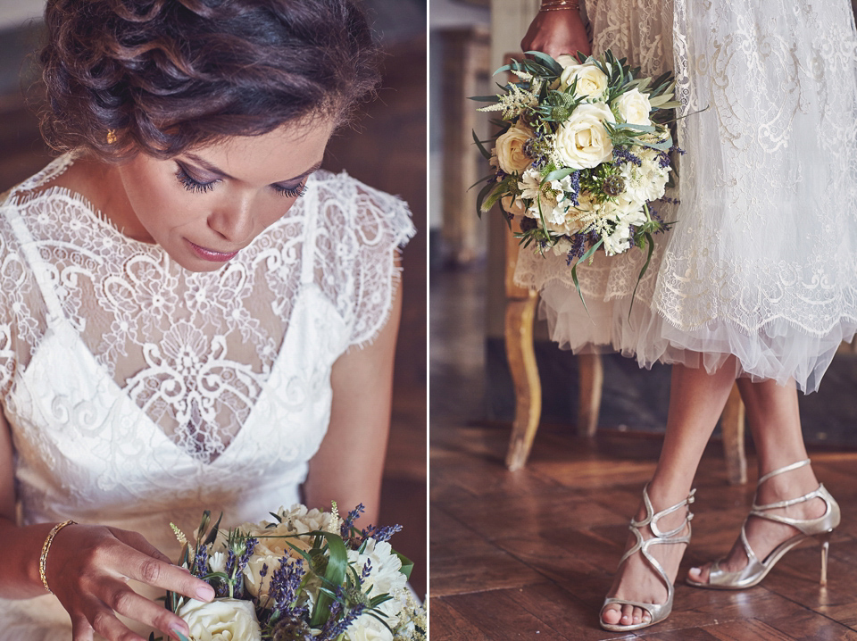 A short, lace, Rembo Styling wedding dress and shades of navy blue for a garden blessing in Tuscany. Photography by Jules Bower.