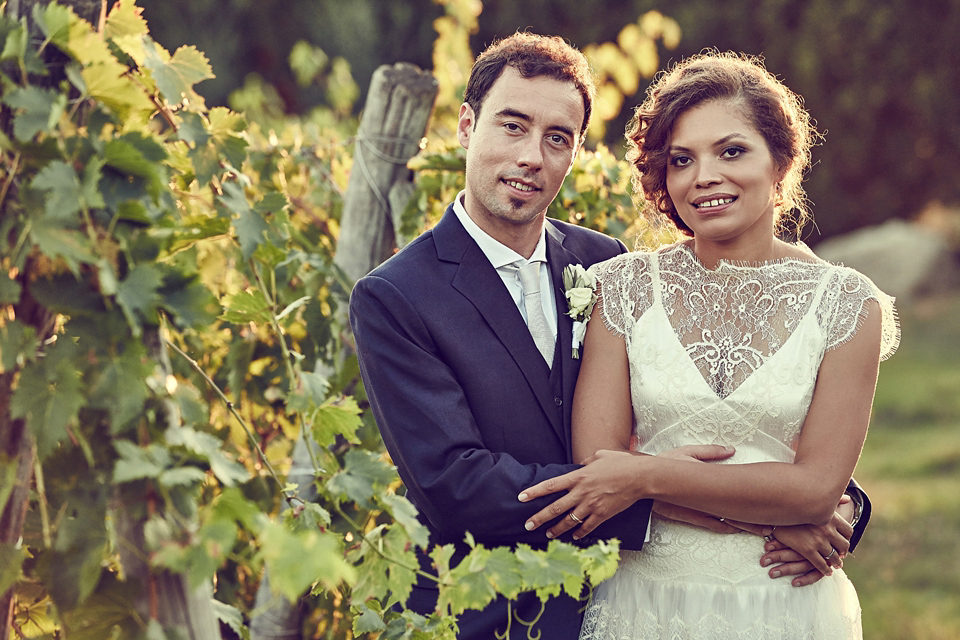 A short, lace, Rembo Styling wedding dress and shades of navy blue for a garden blessing in Tuscany. Photography by Jules Bower.