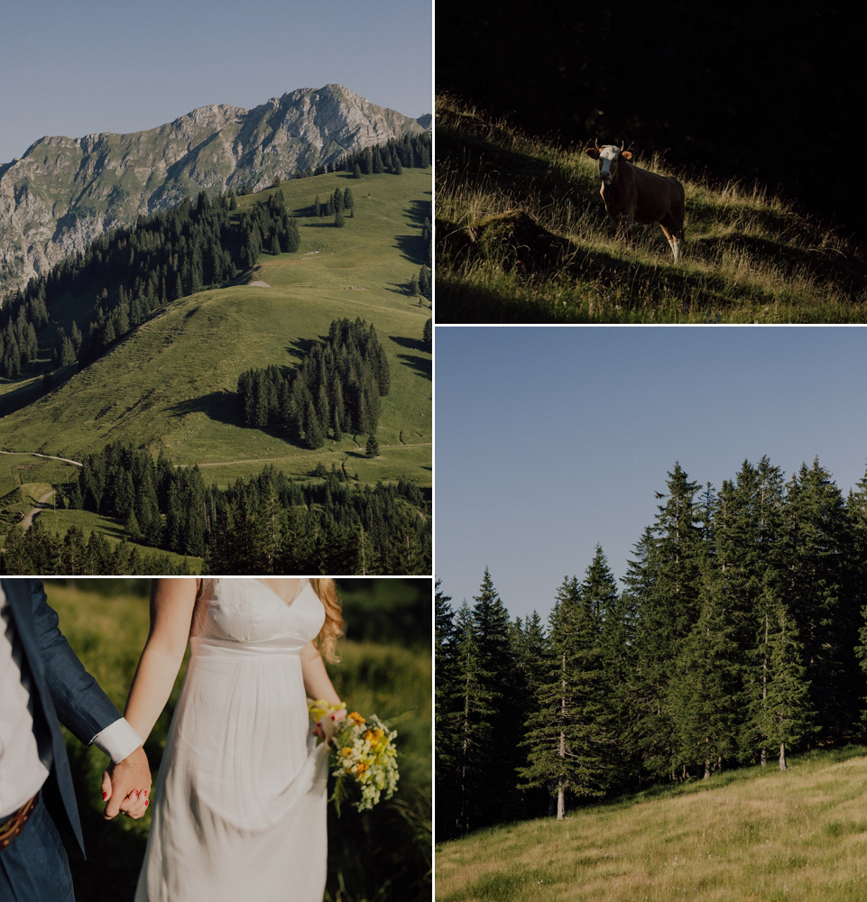 A Swiss mountain elopement. The bride wears a Stephanie Wolff gown. Photography by Capyture.