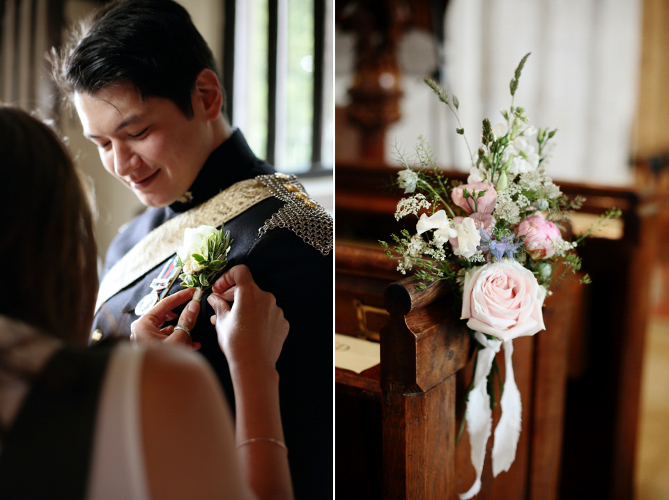 Bride Chloe wore a Suzanne Neville gown which she purchased from Miss Bush Bridal in Surrey, for her military style wedding in the English countryside. Photography by Dasha Caffrey.