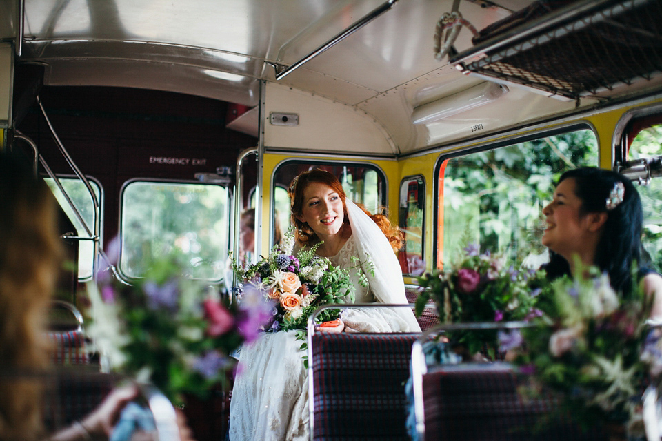 The bride wears an Edwardian inspired wedding dress for her homespun pub wedding. Images by Green Antlers Photography.