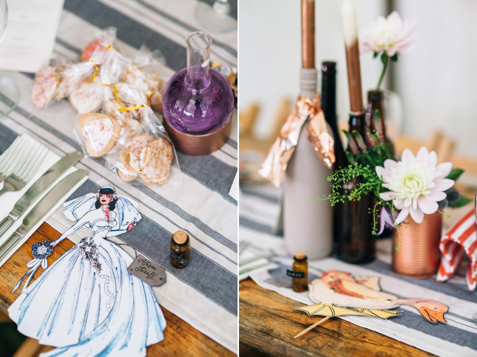 The bride wears an Edwardian inspired wedding dress for her homespun pub wedding. Images by Green Antlers Photography.