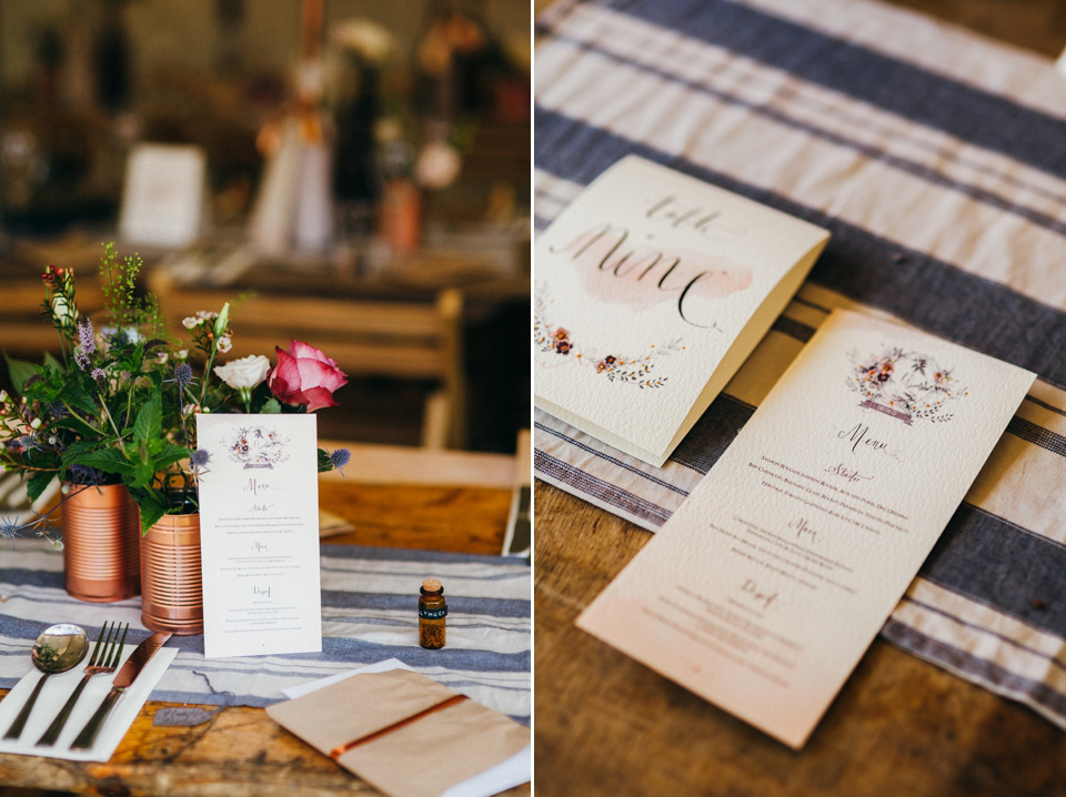 The bride wears an Edwardian inspired wedding dress for her homespun pub wedding. Images by Green Antlers Photography.