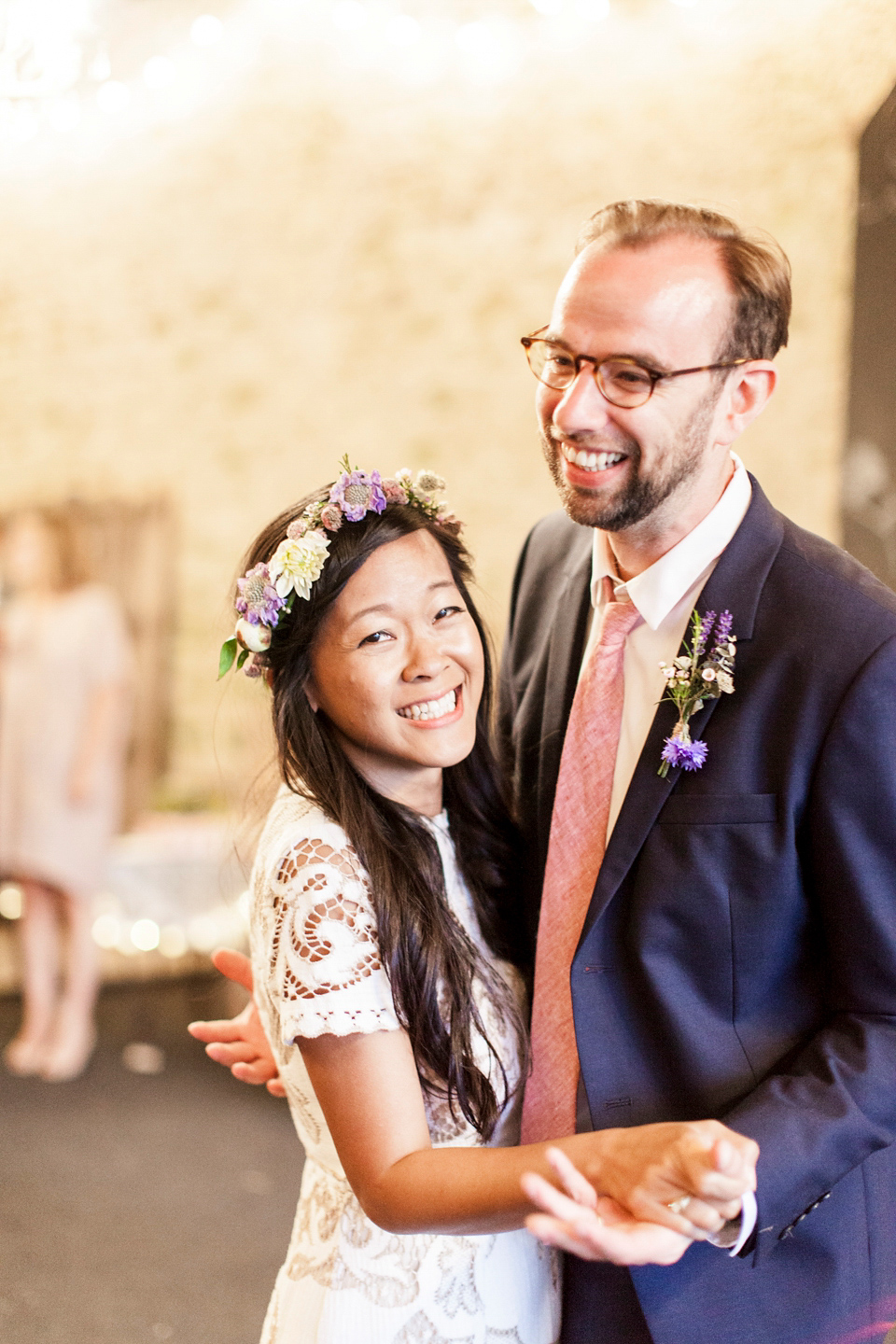 Jenny wore a 'Lost in Paris' gown, created from vintage French lace, for her spiritual and homespun wedding held at Court Farm in Somerset. Photography by Kerry Bartlett